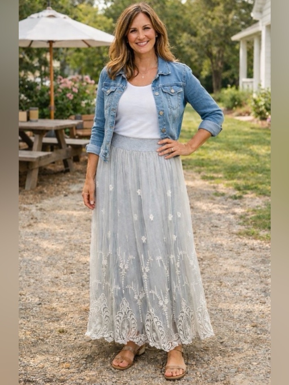 Sundance Tulle Floral Lace Embroidered White Skirt With Yoga Waist Size Large